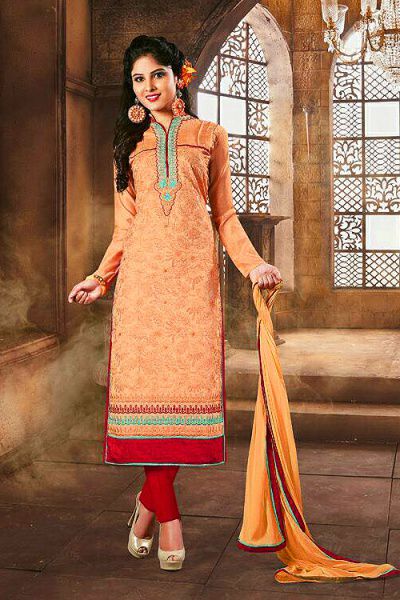 Light Orange Color Embroidered Chanderi Cotton Salwar Suit