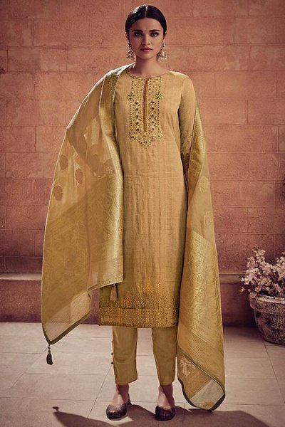 Earthy Beige Brown Embroidered Salwar Suit in Digital Print Cotton Silk with Pants & Banarasi Weave Dupatta