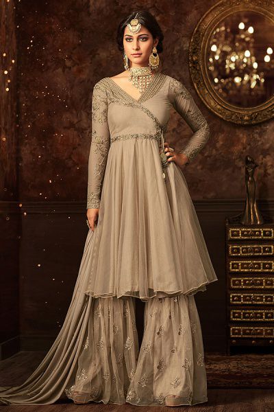 Embroidered Net Sharara/Palazzo Suit In Nude Colour