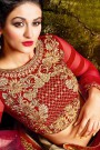 Designer Lehenga Choli in Beige & Ruby Red with Zari Embroidery in Velvet & Net