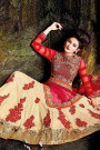 Designer Lehenga Choli in Beige & Ruby Red with Zari Embroidery in Velvet & Net
