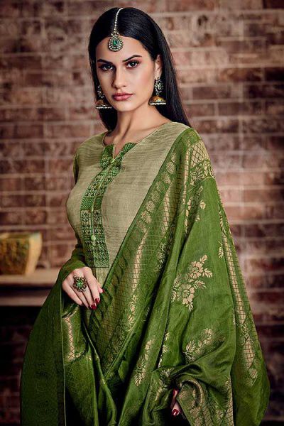 Ready to Wear Green Palazzo Suit in Crepe Silk with Jacquard Dupatta