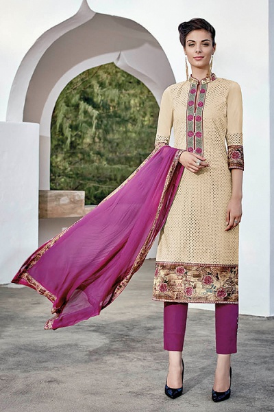Cream Pink Chikankari Work Cotton Straight style Salwar Suit