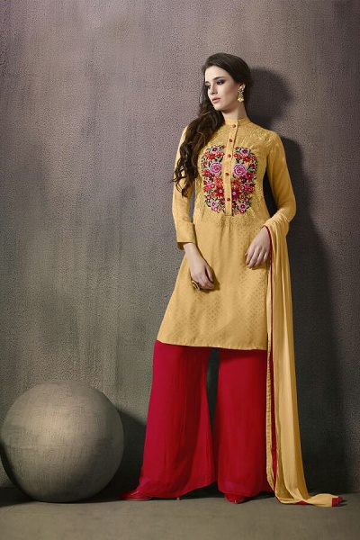 Mugdha Yellow and Ruby Red Thread Embroidered Georgette Palazzo Set