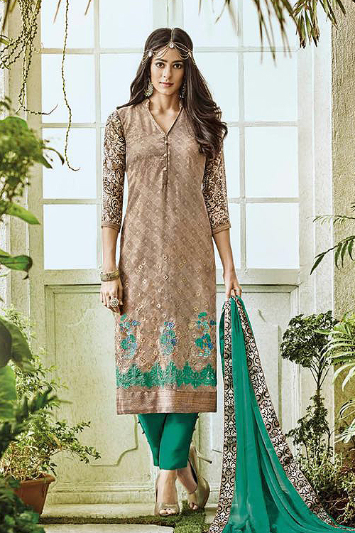 Light Brown & Green Printed Pure Georgette Straight Salwar Suits