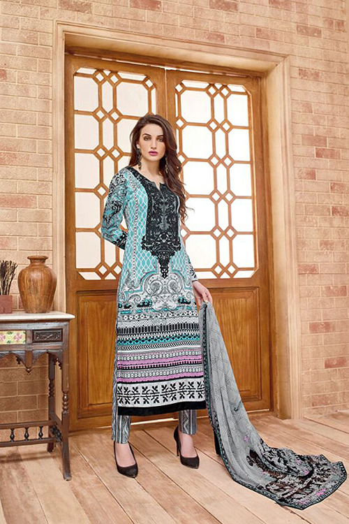 Sky Blue Salwar Suit Lace Embroidered in Cotton Satin with Pure Chiffon Dupatta