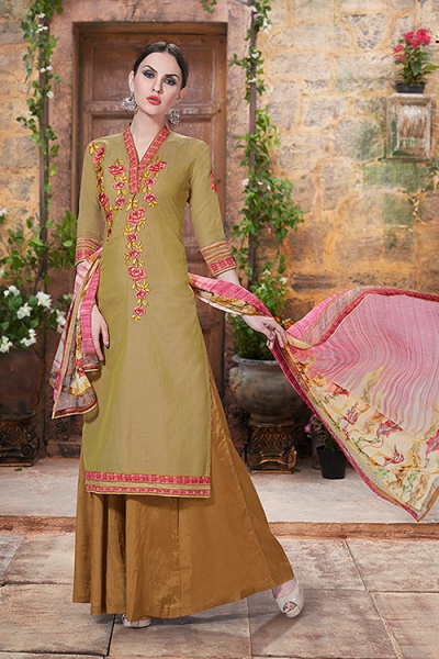 Green & Brown Palazzo Suit in Cotton With Printed Dupatta