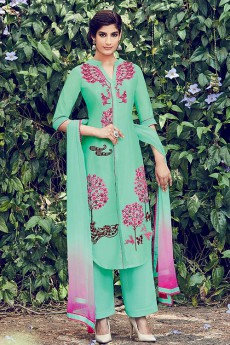 Mint Green Embroidered Cotton Satin Palazzo Suits