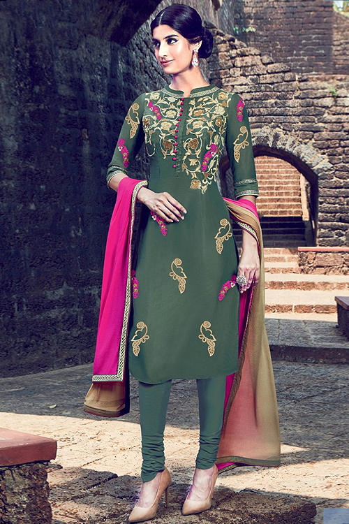 Seaweed Green Salwar Suit with Sequins Embroidery in Cotton With Shaded Dupatta