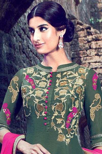 Seaweed Green Salwar Suit with Sequins Embroidery in Cotton With Shaded Dupatta