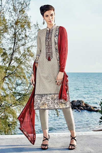Light Pale Brown Chikankari Work Cotton Straight Cut Salwar Suit