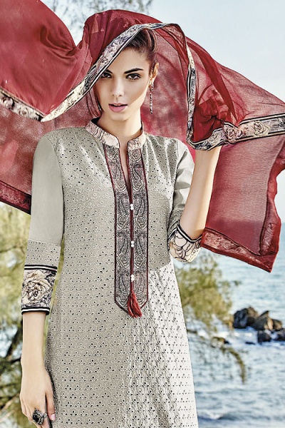 Light Pale Brown Chikankari Work Cotton Straight Cut Salwar Suit