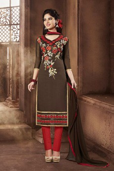 Dark Brown & Red Embroidered Chanderi Cotton Salwar Suits