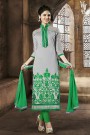 Grey & Green Embroidered Chanderi Cotton Salwar Suit