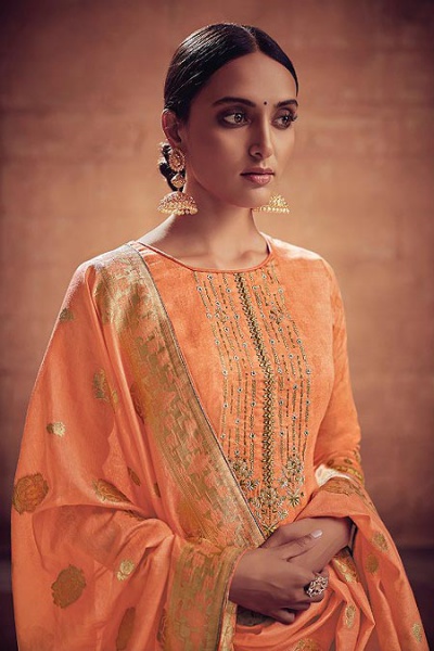 Pale Tangerine Embroidered Salwar Suit in Digital Print Cotton Silk with Pants & Banarasi Weave Dupatta