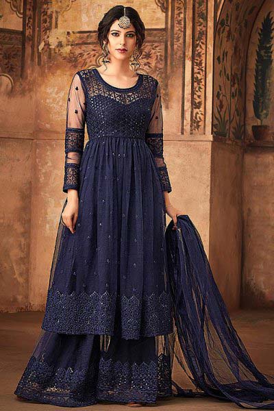 Floral Embroidered Net Sharara Suit in Navy Blue