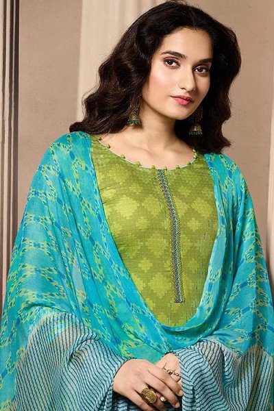 Designer Straight-style Cotton Salwar Suit in Pear Green Colour