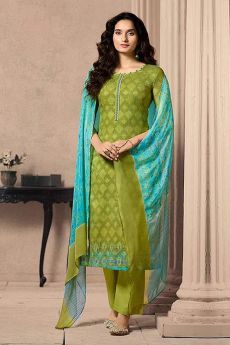 Designer Straight-style Cotton Salwar Suit in Pear Green Colour