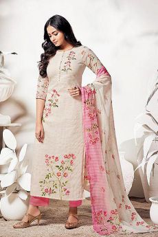Ready to Wear Pure LINEN Off White & Pink Suit
