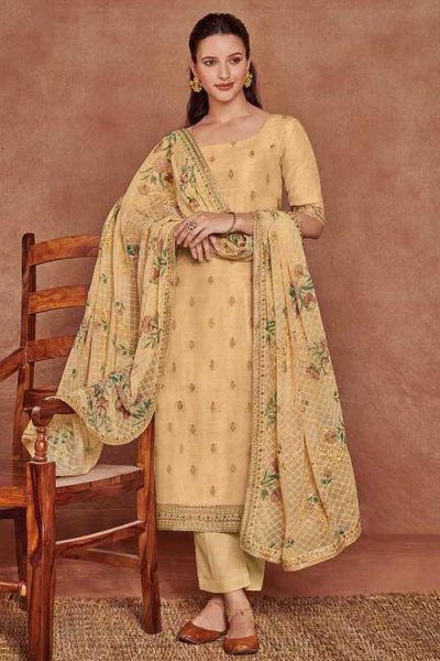 Tan Yellow Fine Cotton Satin Embroidered Salwar Suit With Jacquard Silk Dupatta