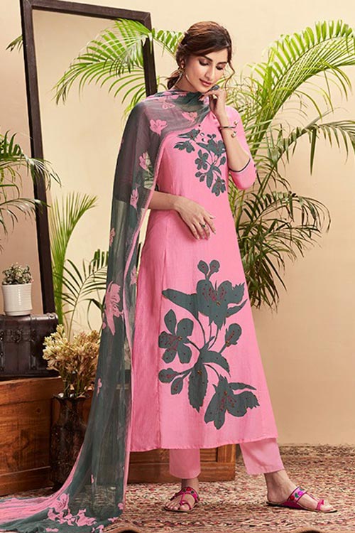 Ready to Wear Pink Digital Print Pure Cotton Silk Suit