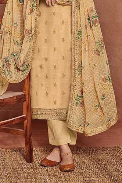 Tan Yellow Fine Cotton Satin Embroidered Salwar Suit With Jacquard Silk Dupatta
