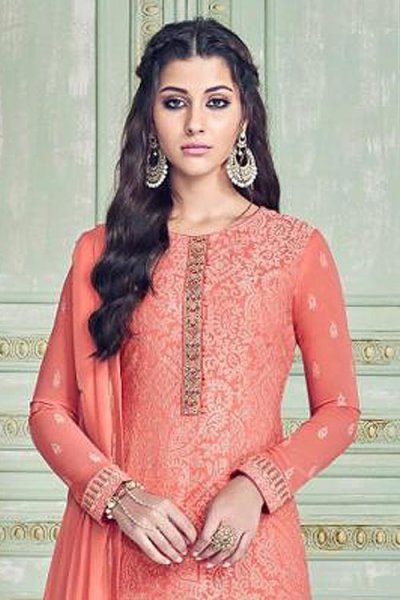 Beautiful Coral Pure Georgette Salwar Kameez With Embroidery
