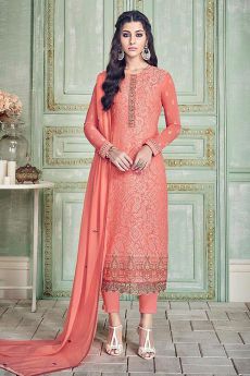 Beautiful Coral Pure Georgette Salwar Kameez With Embroidery