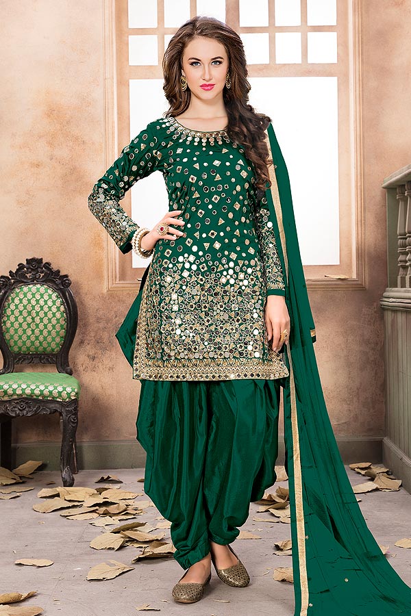 Bottle Green Patiala Suit with Embroidery