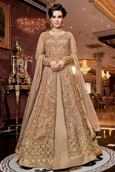 Golden Brown Embroidered Front Slit Anarkali Suit with Pant/Lehenga