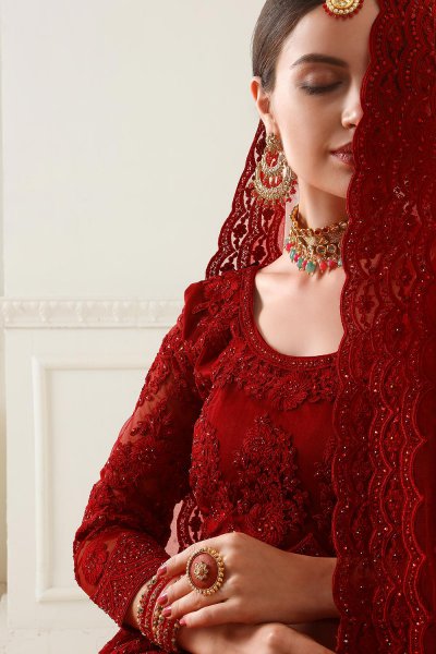 Red Net Lehenga Choli with Embroidery