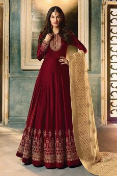 Maroon Embroidered Anarkali Suit in Satin Georgette