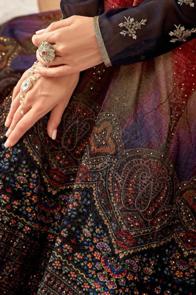 Multicolor Embroidered Velvet Anarkali With Dupatta
