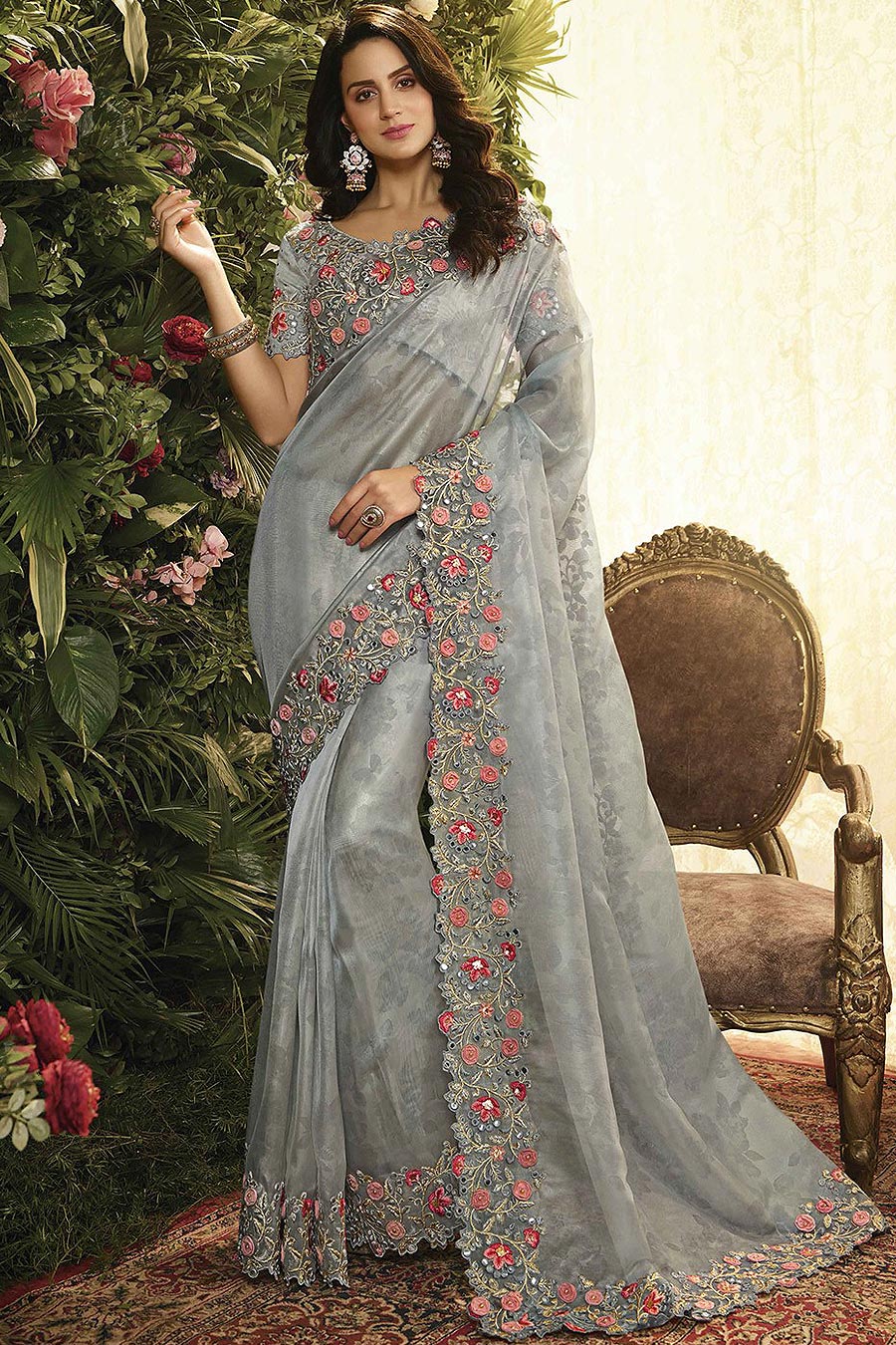 Buy Grey Floral Embroidered Party Wear Saree  In Organza 