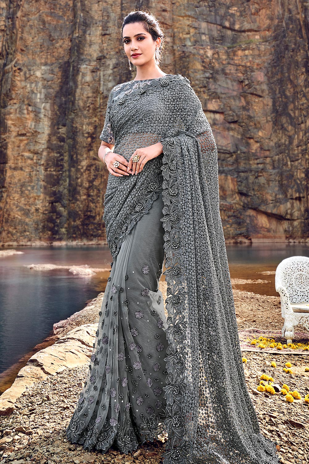 grey party wear saree