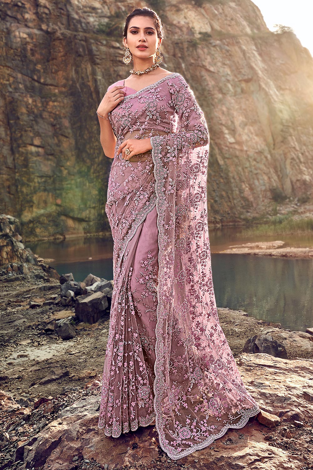 Buy Designer Mauve Embroidered Party Wear Saree Online | Like A Diva