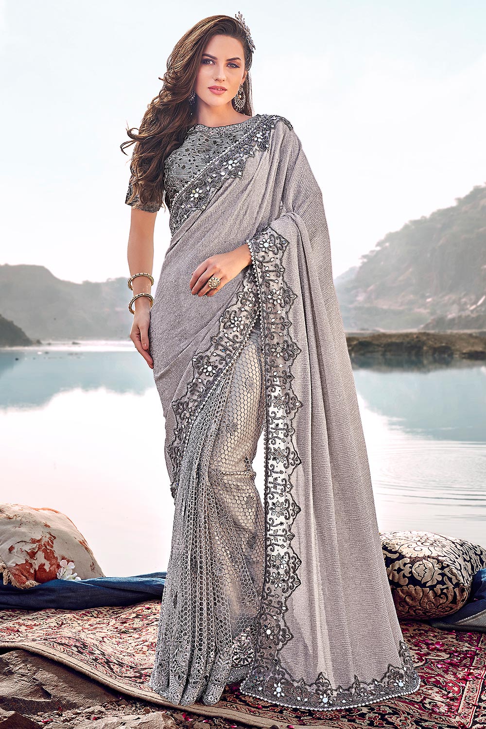 grey party wear saree