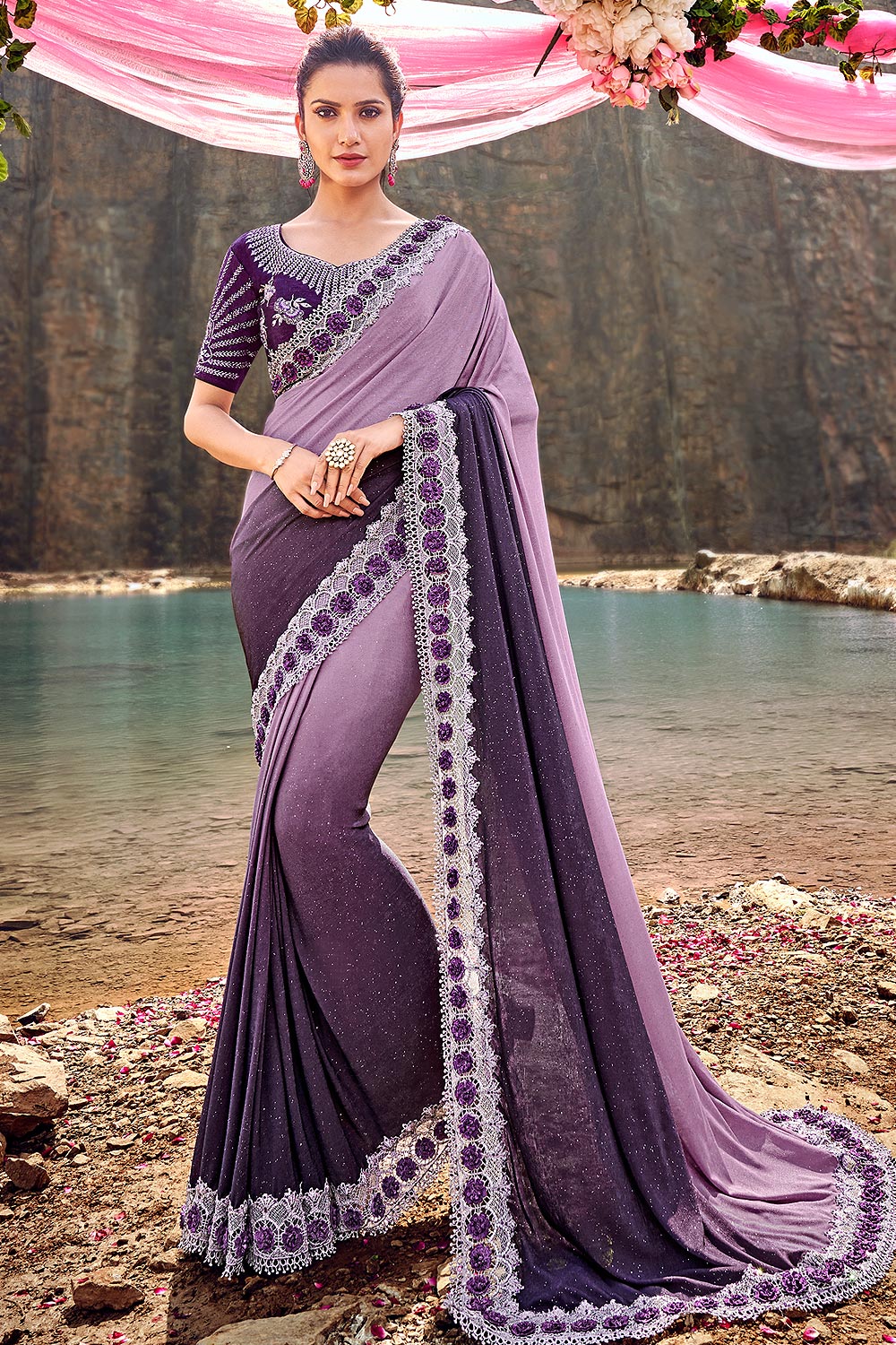 Designer Ombre Purple Embroidered Party 