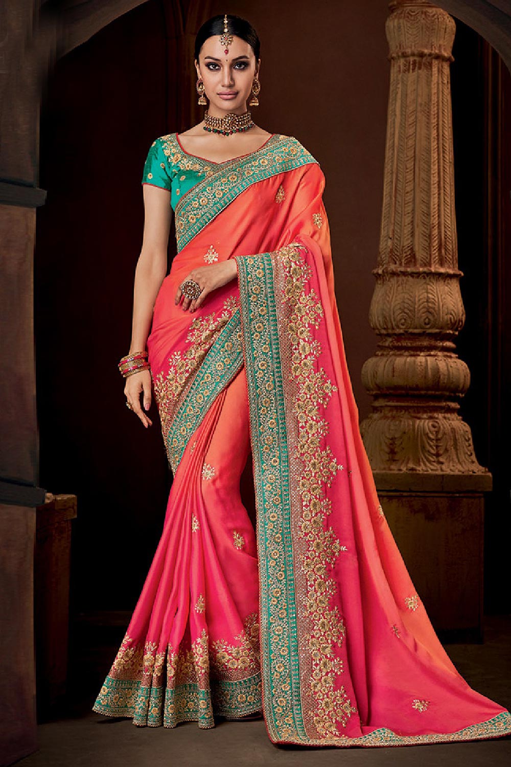 Buy Pink Zari Embroidered Georgette Saree Online Like A Diva