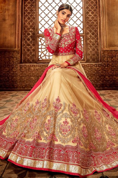 Pinky Red and Beige Silk Anarkali Suit with Zari Embroidery