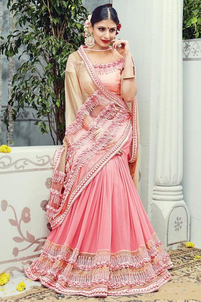 Designer Pink and Peach Party Wear Saree in Net