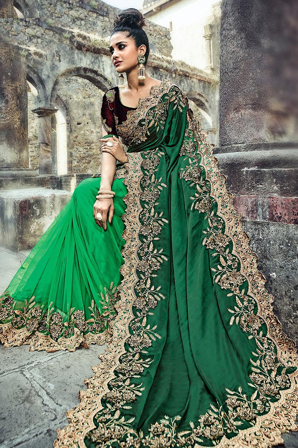 Buy Designer Bottle Green Party Wear Saree In Silk Online | Like A Diva