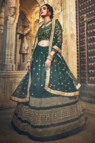 Bottle Green Net Lehenga Choli with Floral Embroidery