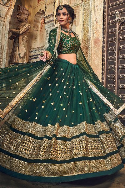 Bottle Green Net Lehenga Choli with Floral Embroidery