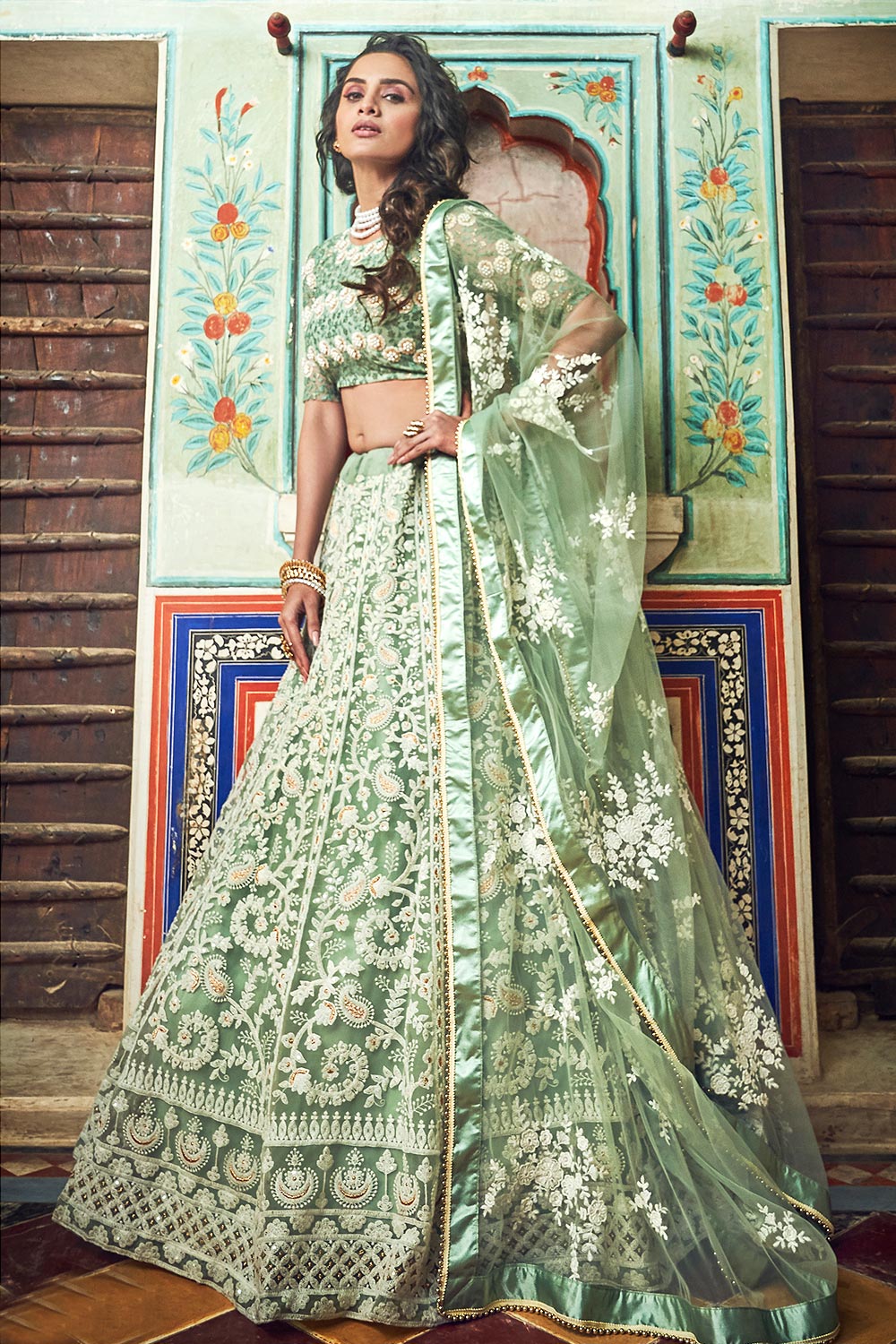 Buy Pastel Green Net Lehenga Choli With Floral Embroidery Online Like