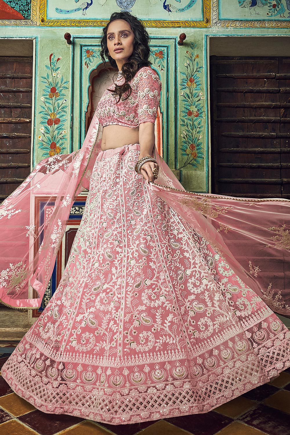 Buy Pastel Pink Net Lehenga Choli With Floral Embroidery Online | Like