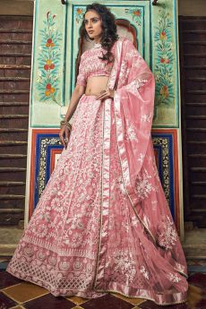Pastel Pink Net Lehenga Choli with Floral Embroidery