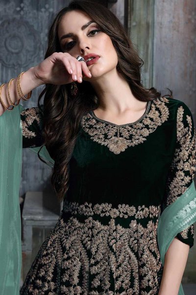 Bottle Green Zari Embroidered Velvet Anarkali Suit with Net Dupatta