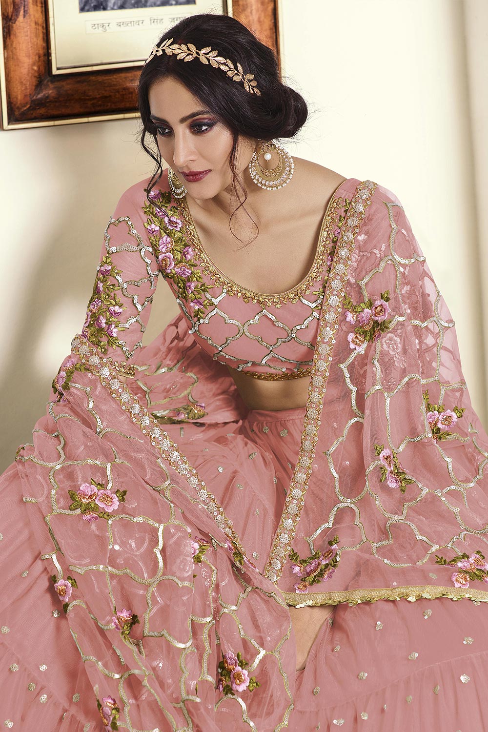 Buy Pastel Pink Net Lehenga Choli With Embellishments Online | Like A Diva