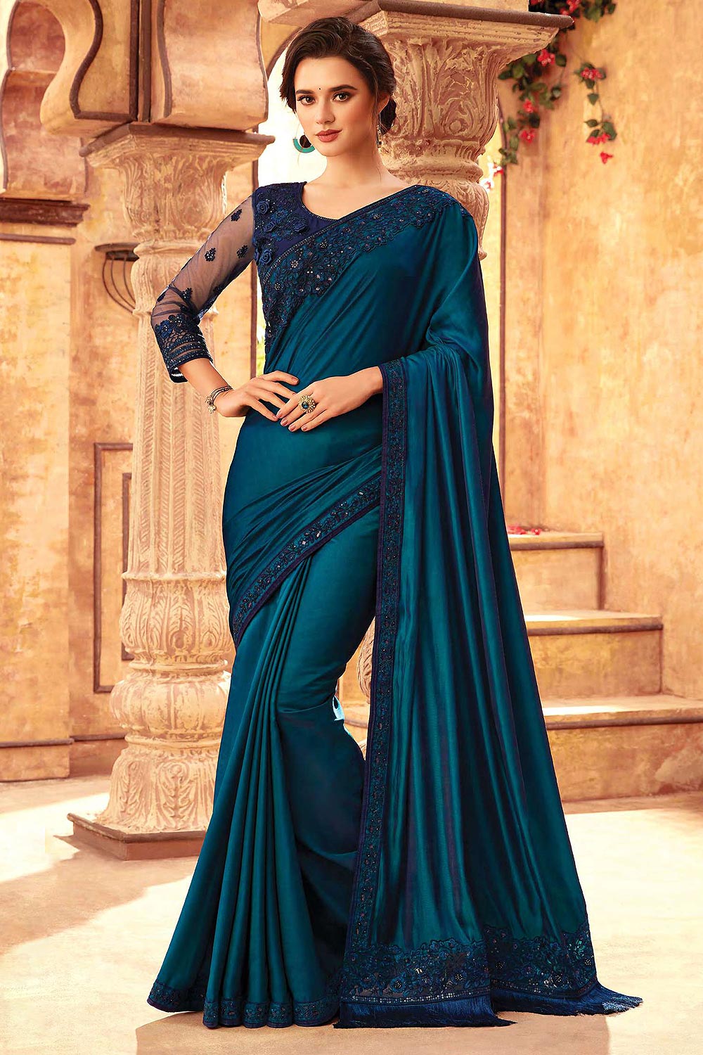 Buy Teal Silk Embroidered Saree Online Like A Diva 